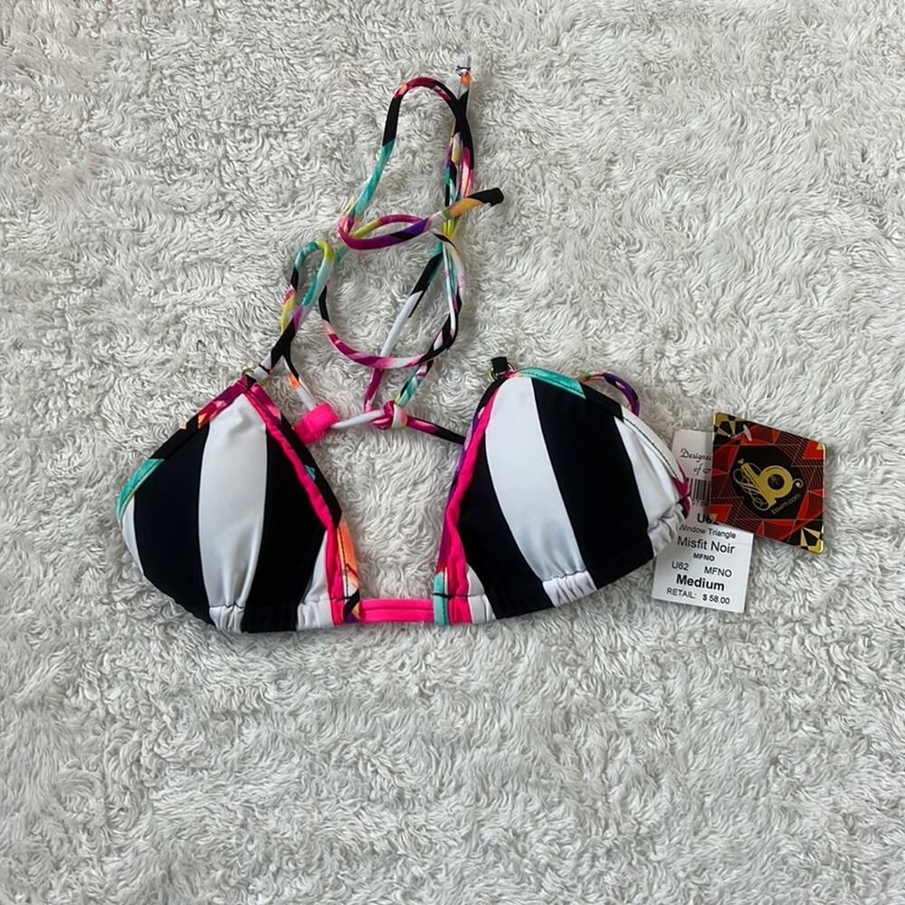 Bswim MFNO misfit noir micro triangle striped bikini swim‎ top, U62 medium NWT